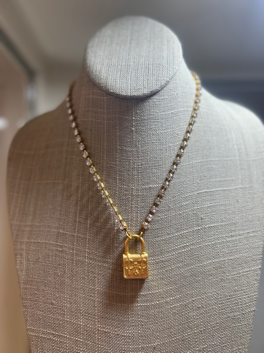 French Kande 24K Gold Clad Padlock Pendant Necklace with Crystal Chain - Women